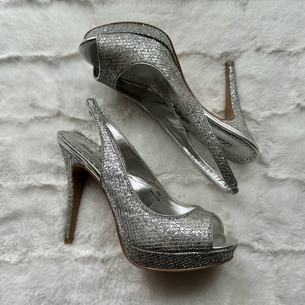 6.5 Lulu Townsend Silver Glitter Peep Toe Platform Heels